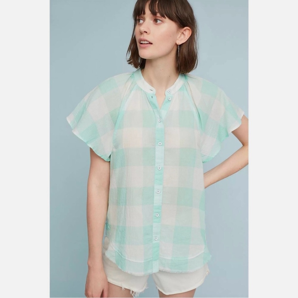 ANTHRO Maeve Mint Gingham Flutter Shirt size S
